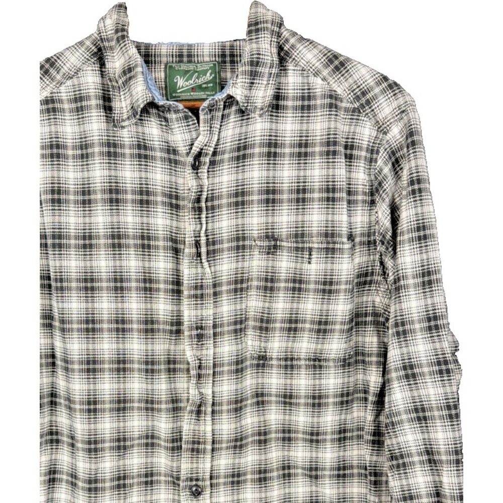 Woolrich Flannel Shirt Plaid Lightweight Cotton Button Up Black White Men Large